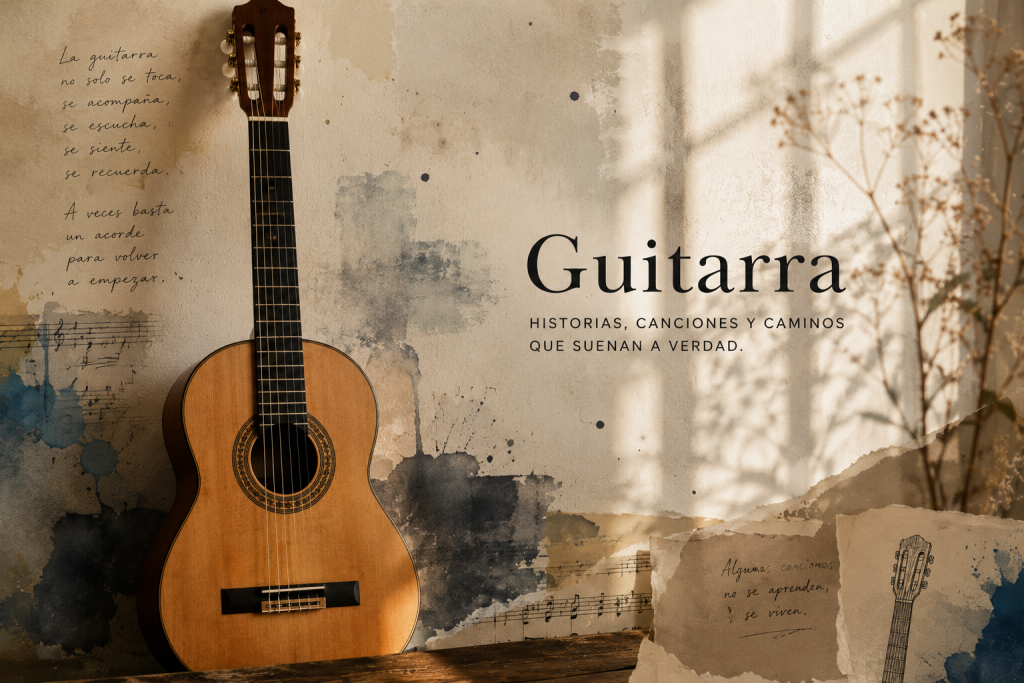 Guitarra clásica en un collage artístico sobre música, historias y canciones